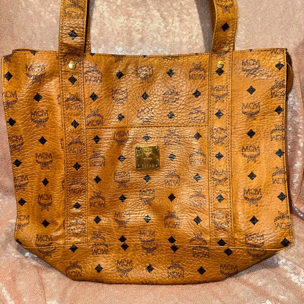 MCM Cognac Leather Tote with Logo Print